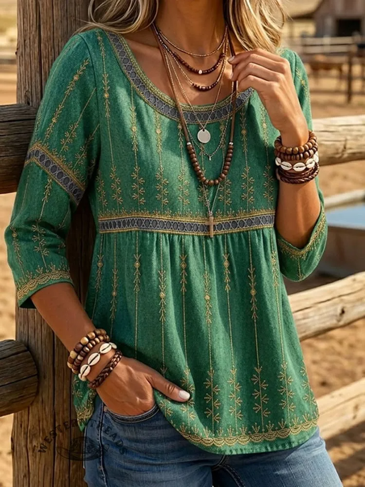 Vintage Art Print Casual 3/4 Sleeves Hollow Shirt